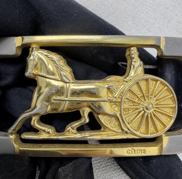 Celine 金x銀馬車頭 黑皮革 皮帶 腰帶 