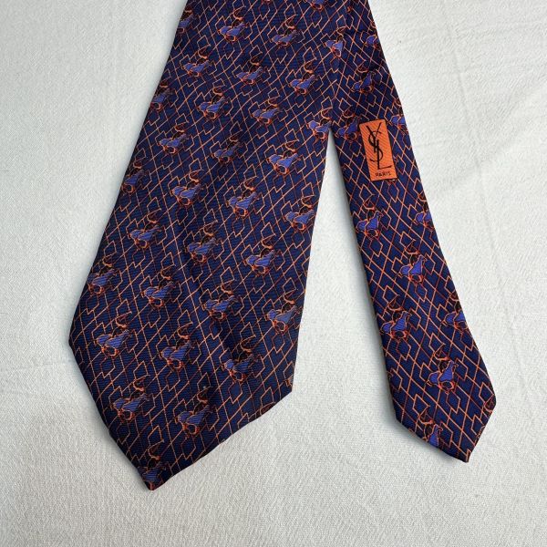 YSL  藍橘色幾何圖形馬球圖案領帶 領結 絲綢（中古） 