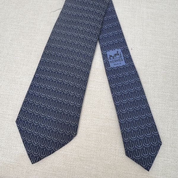 HERMES 藍 馬蹄圖案 領帶 領結 絲綢（中古） 