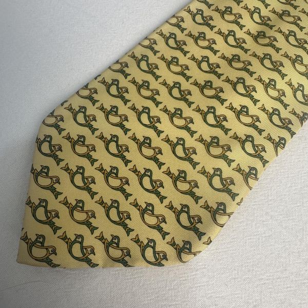Salvatore Ferragamo 菲拉格慕 黃色雙鳥圖案領帶 領結 絲綢（中古） 