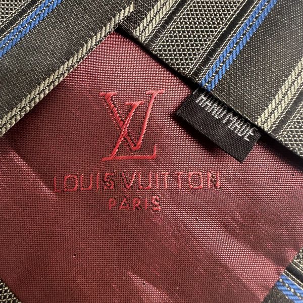 Louis Vuitton 深灰底藍色條紋LV LOGO 領帶 領結 絲綢 （中古） 