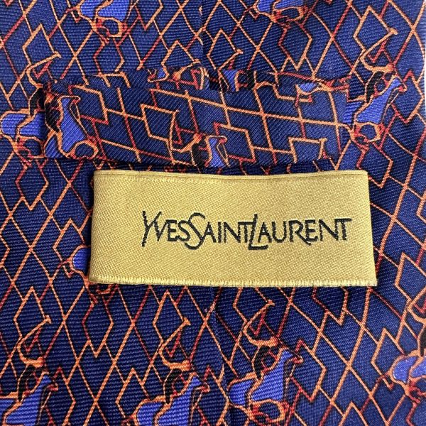 YSL  藍橘色幾何圖形馬球圖案領帶 領結 絲綢（中古） 