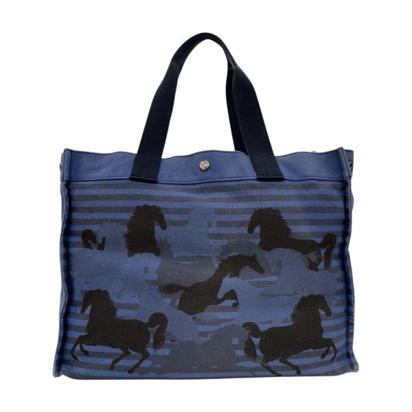 Hermès  Cavalcadour Étriers 藍色馬圖帆布托特包 