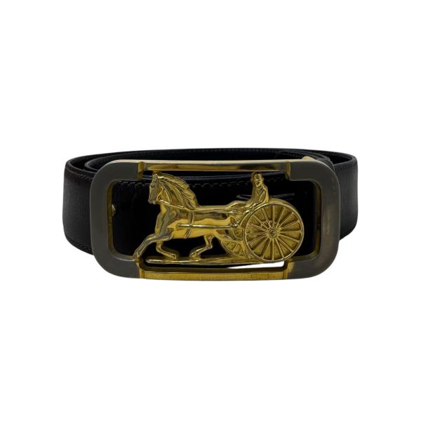 Celine 金x銀馬車頭 黑皮革 皮帶 腰帶 