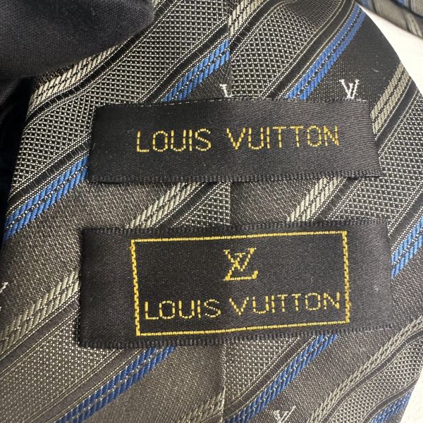 Louis Vuitton 深灰底藍色條紋LV LOGO 領帶 領結 絲綢 （中古） 
