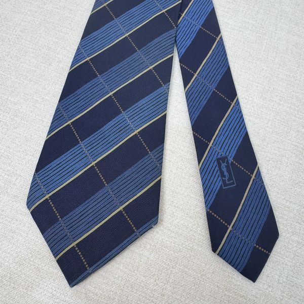 YSL 藍格紋 領帶 領結 絲綢（中古） 