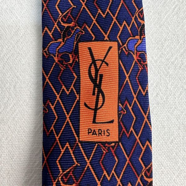 YSL  藍橘色幾何圖形馬球圖案領帶 領結 絲綢（中古） 