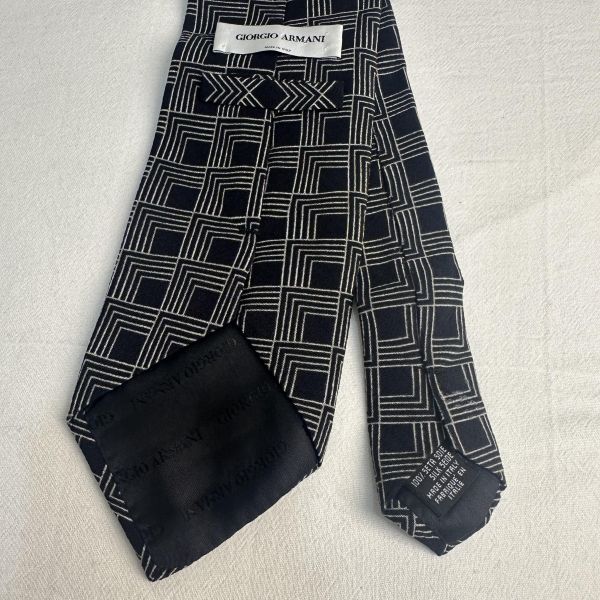 Armani 黑色摩登方格紳士領帶 領結 絲綢（中古） 