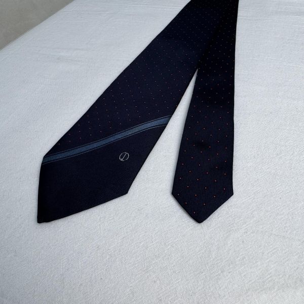 dunhill高級深藍色絲綢帶有精緻的紅色波點圖案領帶 領結 絲綢（中古） 