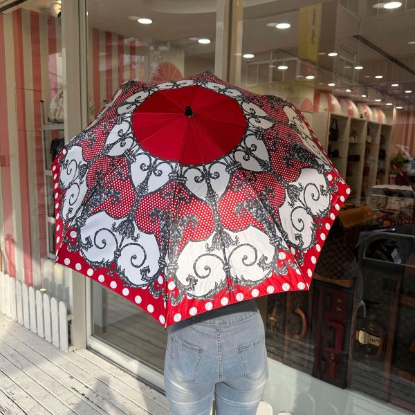 Dior 迪奧 法式復古 巴洛克風 紅白點點 華麗遮陽傘/雨傘 