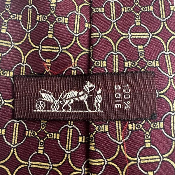 HERMES 酒紅色 馬銜鍊環圖騰 領帶 領結 絲綢（中古） 