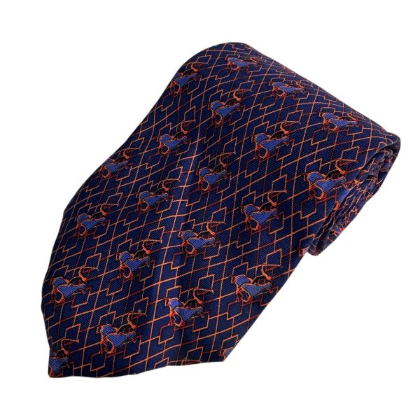 YSL  藍橘色幾何圖形馬球圖案領帶 領結 絲綢（中古） 