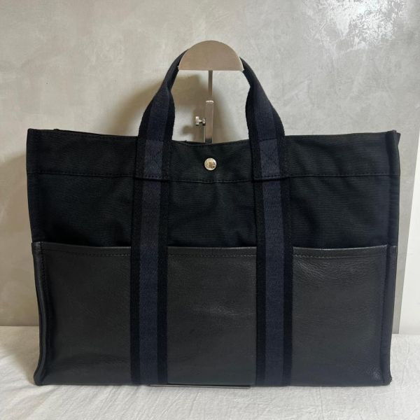 Hermès 黑色帆布皮革包 
