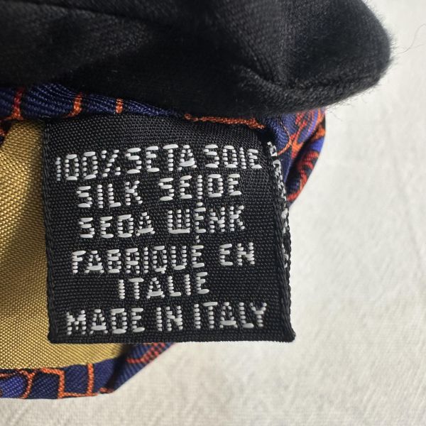 YSL  藍橘色幾何圖形馬球圖案領帶 領結 絲綢（中古） 