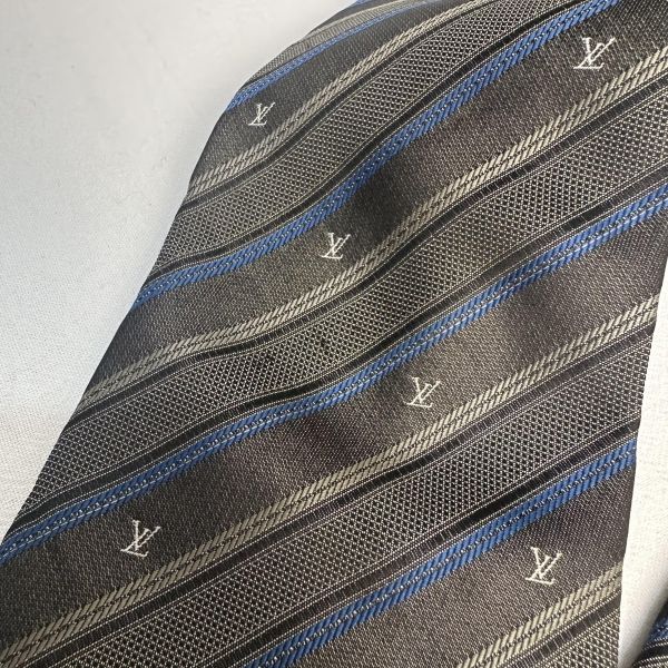 Louis Vuitton 深灰底藍色條紋LV LOGO 領帶 領結 絲綢 （中古） 