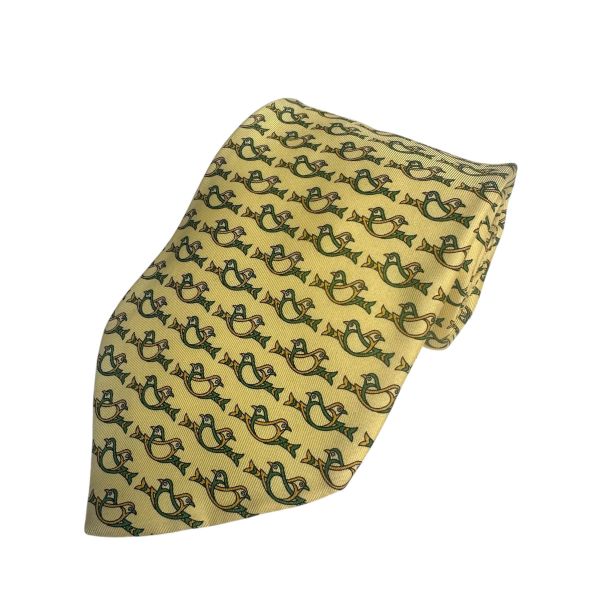 Salvatore Ferragamo 菲拉格慕 黃色雙鳥圖案領帶 領結 絲綢（中古） 