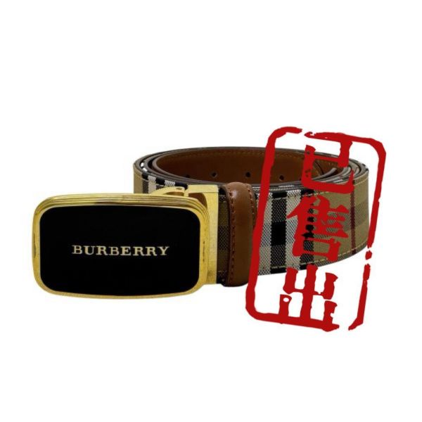 Burberry 金x黑頭 格紋棕色皮革 皮帶 腰帶 