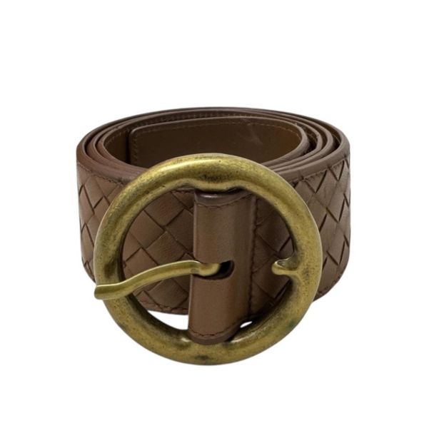 Bottega Veneta 金色圓頭 棕色編織 皮帶 腰帶 