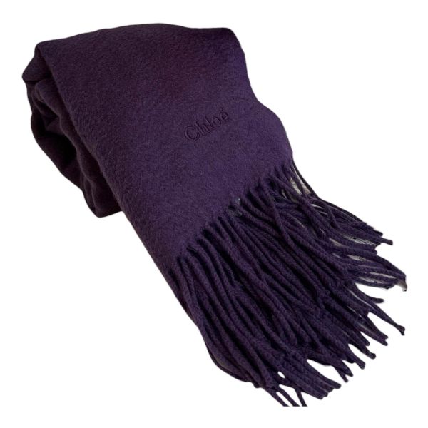 Chloé 紫羅蘭色刺繡logo 羊絨圍巾 