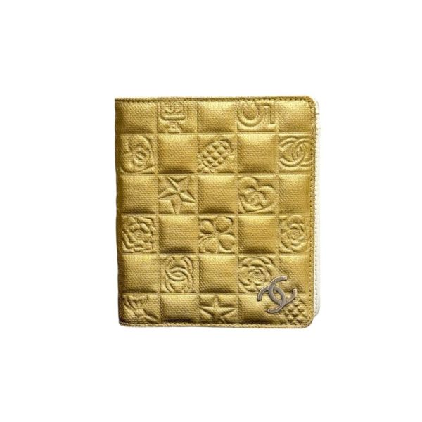 CHANEL 金屬色山茶花壓紋皮革對摺短夾 