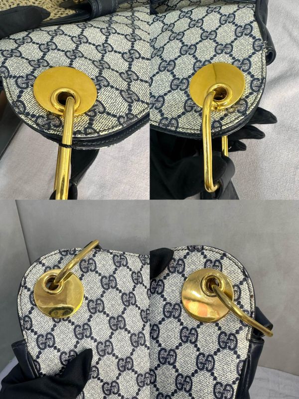 Gucci 藍色老花皮革編織拼接側背包 