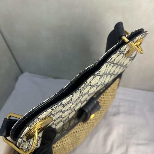 Gucci 藍色老花皮革編織拼接側背包 