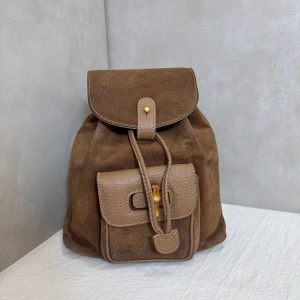Gucci 竹子絨面咖後背包 