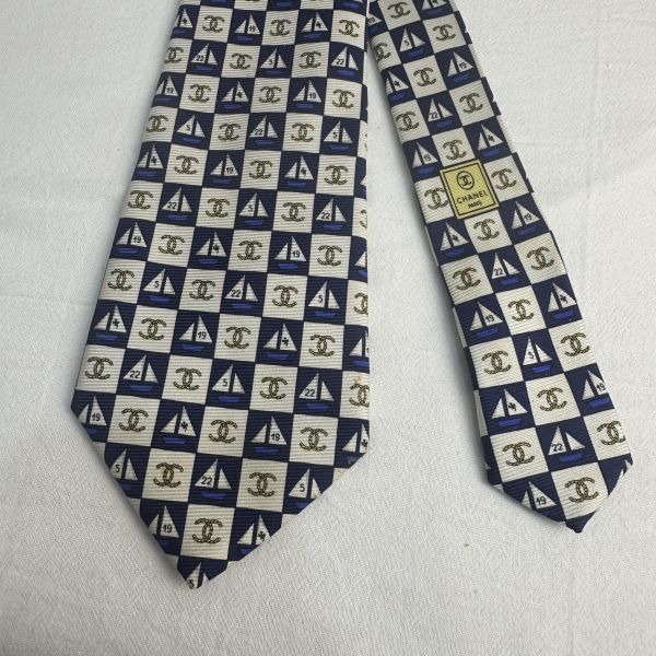 Chanel 帆船雙C 領帶 領結 絲綢 義大利製（中古） 