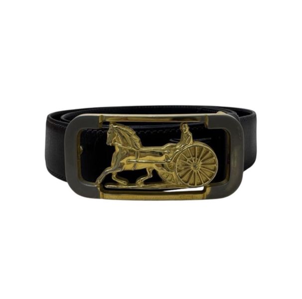 Celine 金x銀馬車頭 黑皮革 皮帶 腰帶 