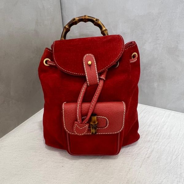 Gucci 竹子絨面紅後背包 