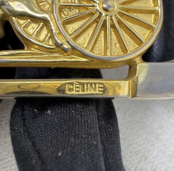 Celine 金x銀馬車頭 黑皮革 皮帶 腰帶 