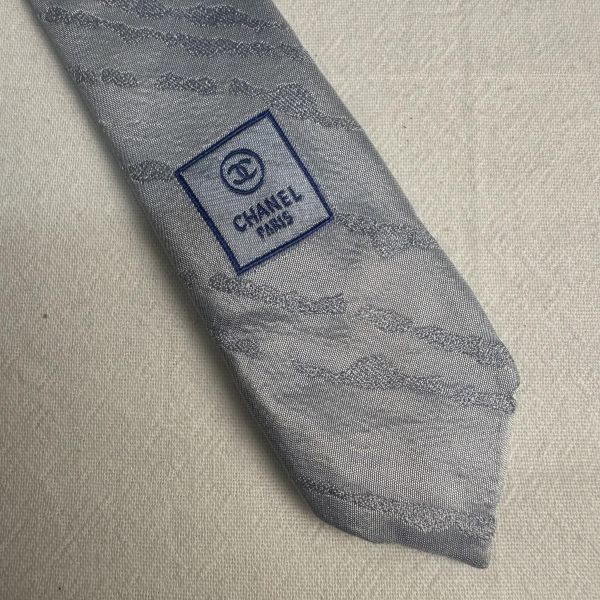 CHANEL 藍灰色斜條紋領帶 領結 絲綢（中古） 