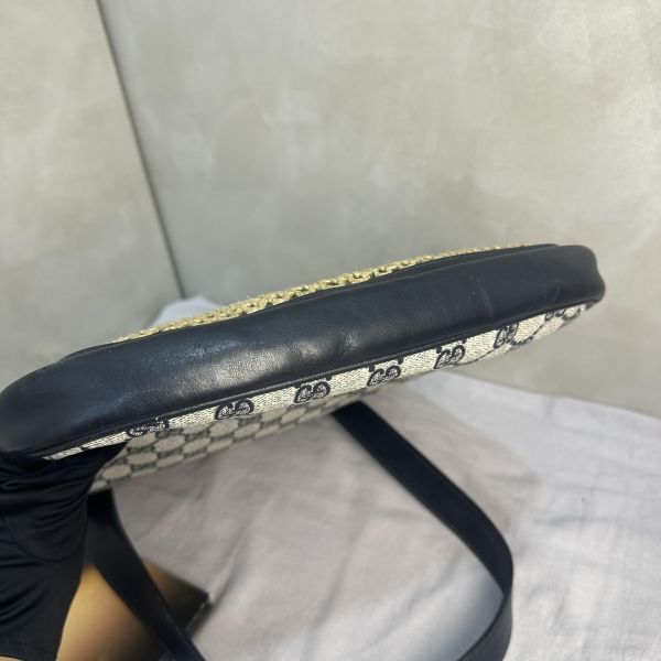 Gucci 藍色老花皮革編織拼接側背包 