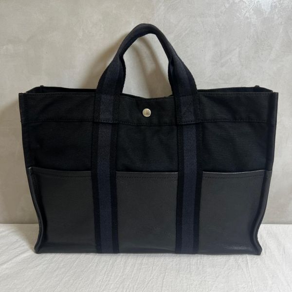 Hermès 黑色帆布皮革包 