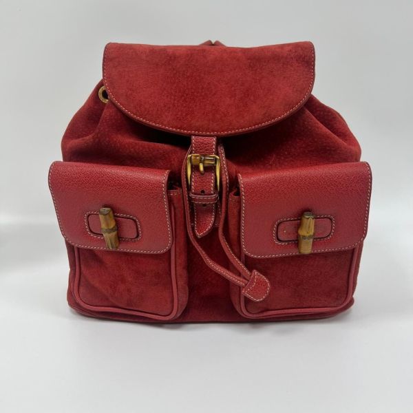 Gucci 竹子大絨面紅後背包 
