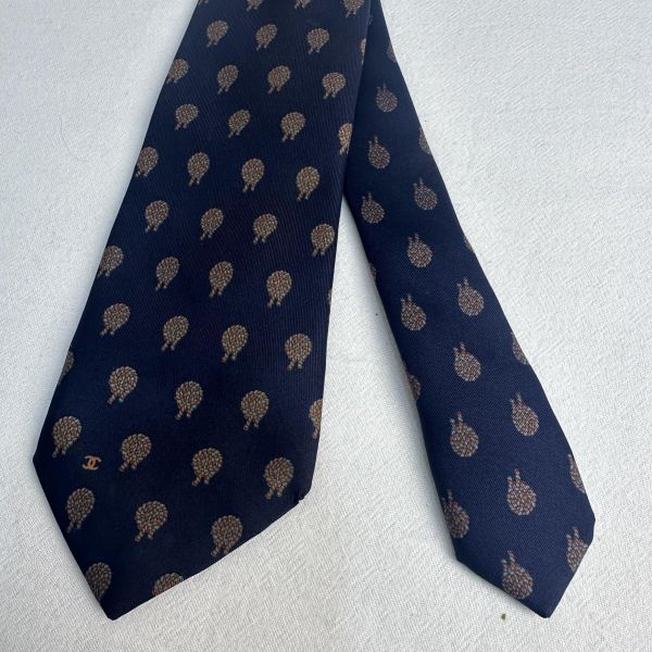 Chanel 藏青色花紋圖案領帶 領結 絲綢（中古） 