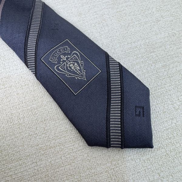 GUCCI 藍 條紋 領帶 領結 絲綢（中古） 