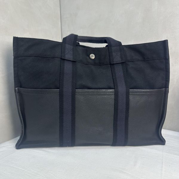 Hermès 黑色帆布拼皮革手提包 