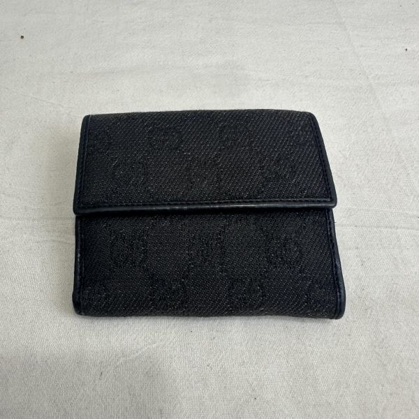 Gucci 中古黑色馬銜扣老花領錢袋短夾 