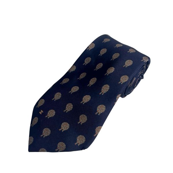 Chanel 藏青色花紋圖案領帶 領結 絲綢（中古） 