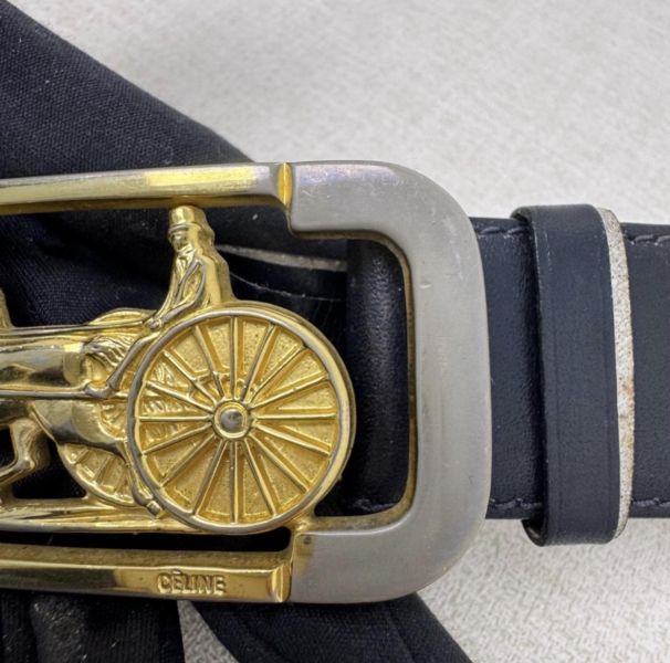 Celine 金x銀馬車頭 黑皮革 皮帶 腰帶 
