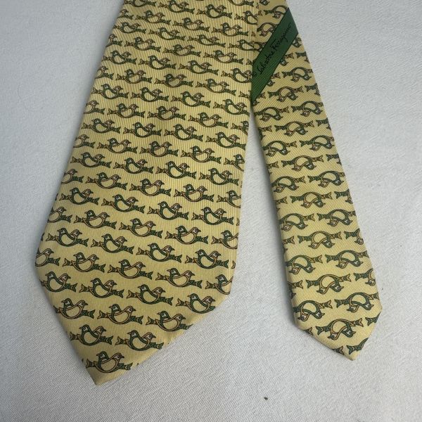 Salvatore Ferragamo 菲拉格慕 黃色雙鳥圖案領帶 領結 絲綢（中古） 