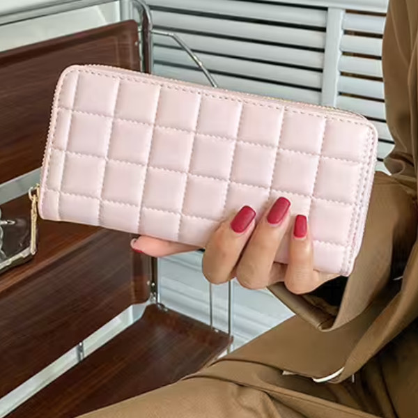 正方格紋壓線×拉鍊長皮夾×粉色 長皮夾, 拉鍊皮夾, 粉色皮夾, 正方格紋, 壓線皮夾, 收納錢包, 卡片夾, 日韓風皮夾, 禮物皮夾, 百搭長夾