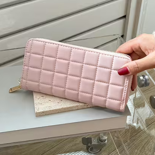 正方格紋壓線×拉鍊長皮夾×粉色 長皮夾, 拉鍊皮夾, 粉色皮夾, 正方格紋, 壓線皮夾, 收納錢包, 卡片夾, 日韓風皮夾, 禮物皮夾, 百搭長夾