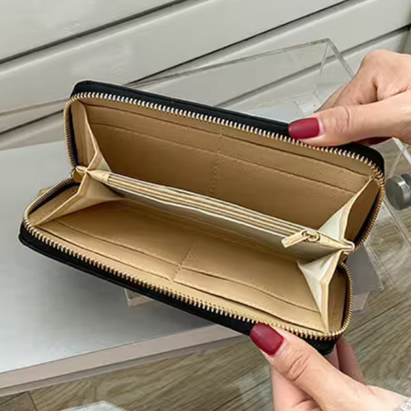 正方格紋壓線×拉鍊長皮夾×粉色 長皮夾, 拉鍊皮夾, 粉色皮夾, 正方格紋, 壓線皮夾, 收納錢包, 卡片夾, 日韓風皮夾, 禮物皮夾, 百搭長夾