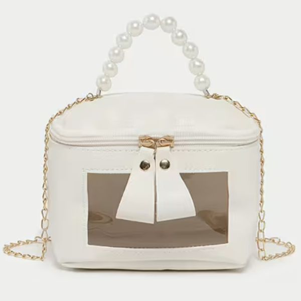 珍珠提把透明小窗晒娃立體包×斜背包×白色 珍珠提把包、透明包、斜背包、小方包、晒娃包、少女系包包、日韓風包包、立體包、白色包、可愛包、時尚手提包、百搭配件