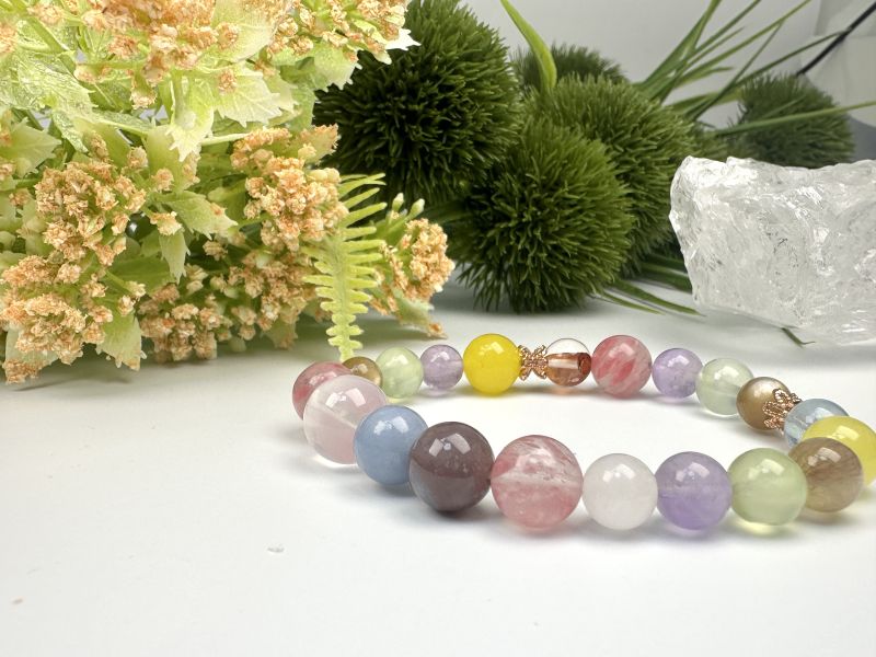 海藍寶+葡萄石+金太陽+薰衣草紫金手鍊 