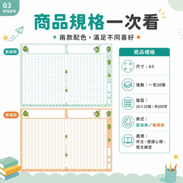 【傻笑鱷魚】A3 500字溫暖作文稿紙｜粉綠粉橘每包30張・作文評語貼紙｜國小寫作練習 