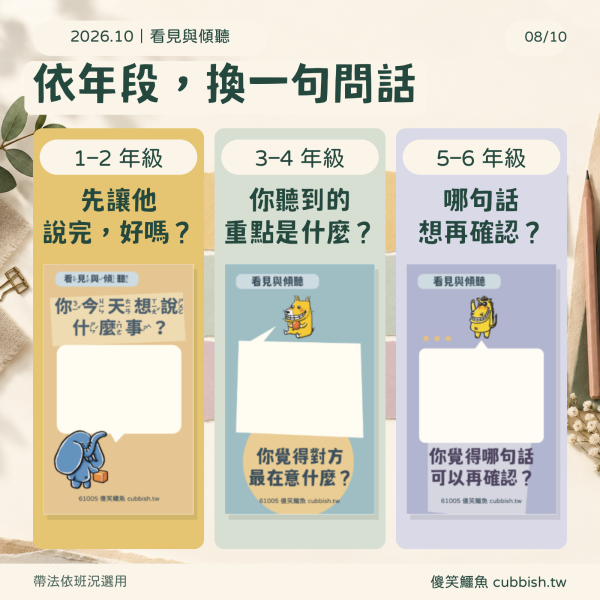 【2026.10月｜看見與傾聽】傻笑鱷魚老師班級後援 傻笑鱷魚,10月班級經營,看見與傾聽,傾聽練習,國小老師,班級海報,互動小卡