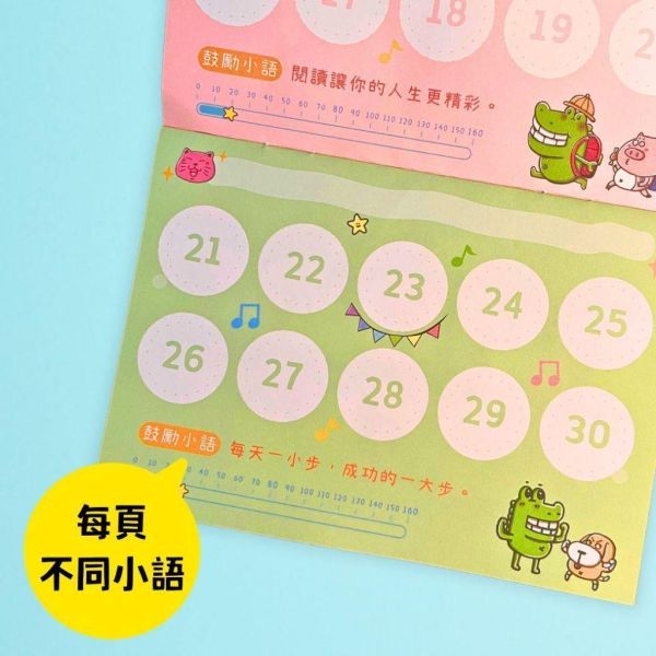 【傻笑鱷魚】天天進步集點本（專案用）｜16頁160點・每頁一句鼓勵｜貼貼紙或蓋章｜A6｜隨機1／3／5入 